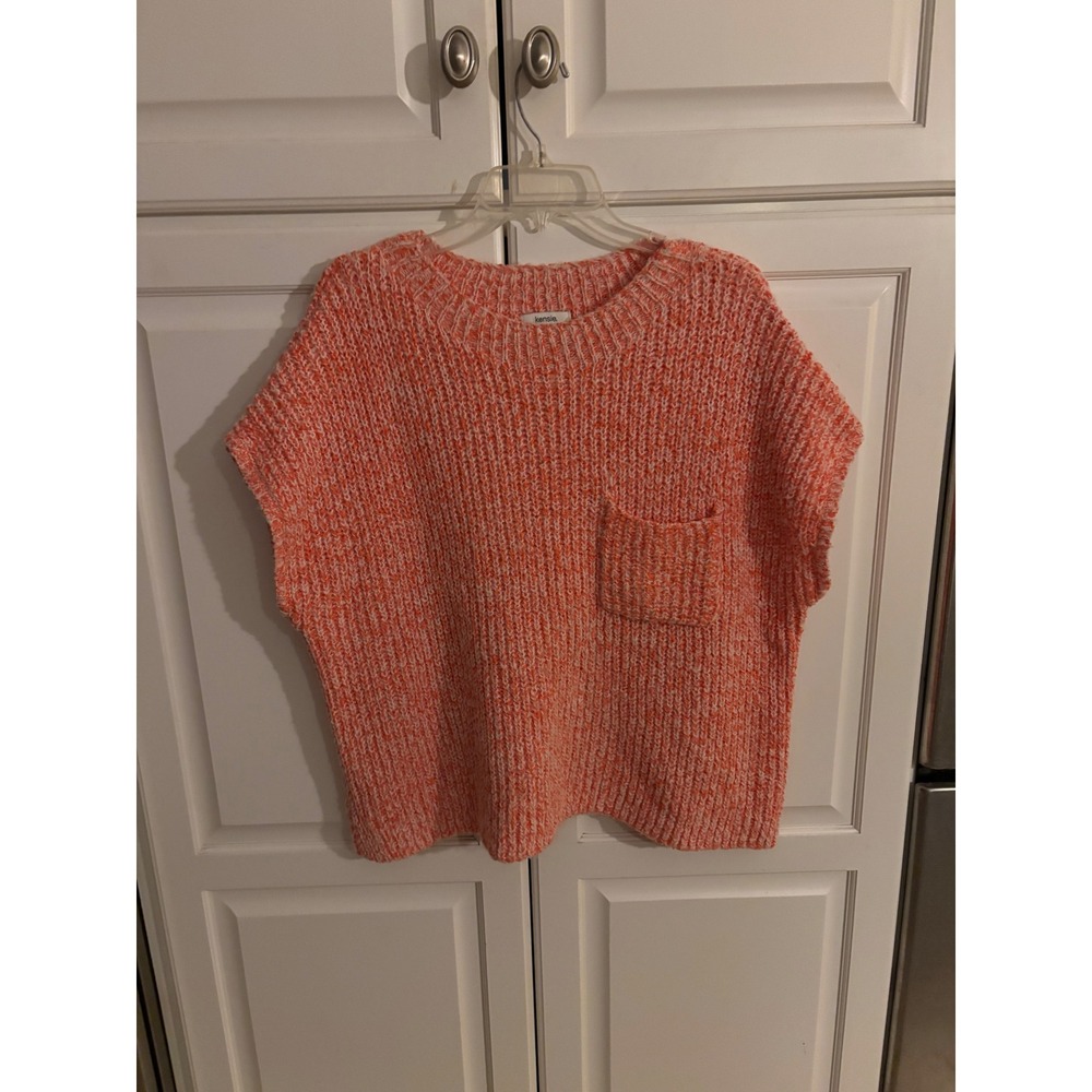 Womens Orange White Marled Knit Sweater Crew Neck Long Sleeve Pullover Chunky